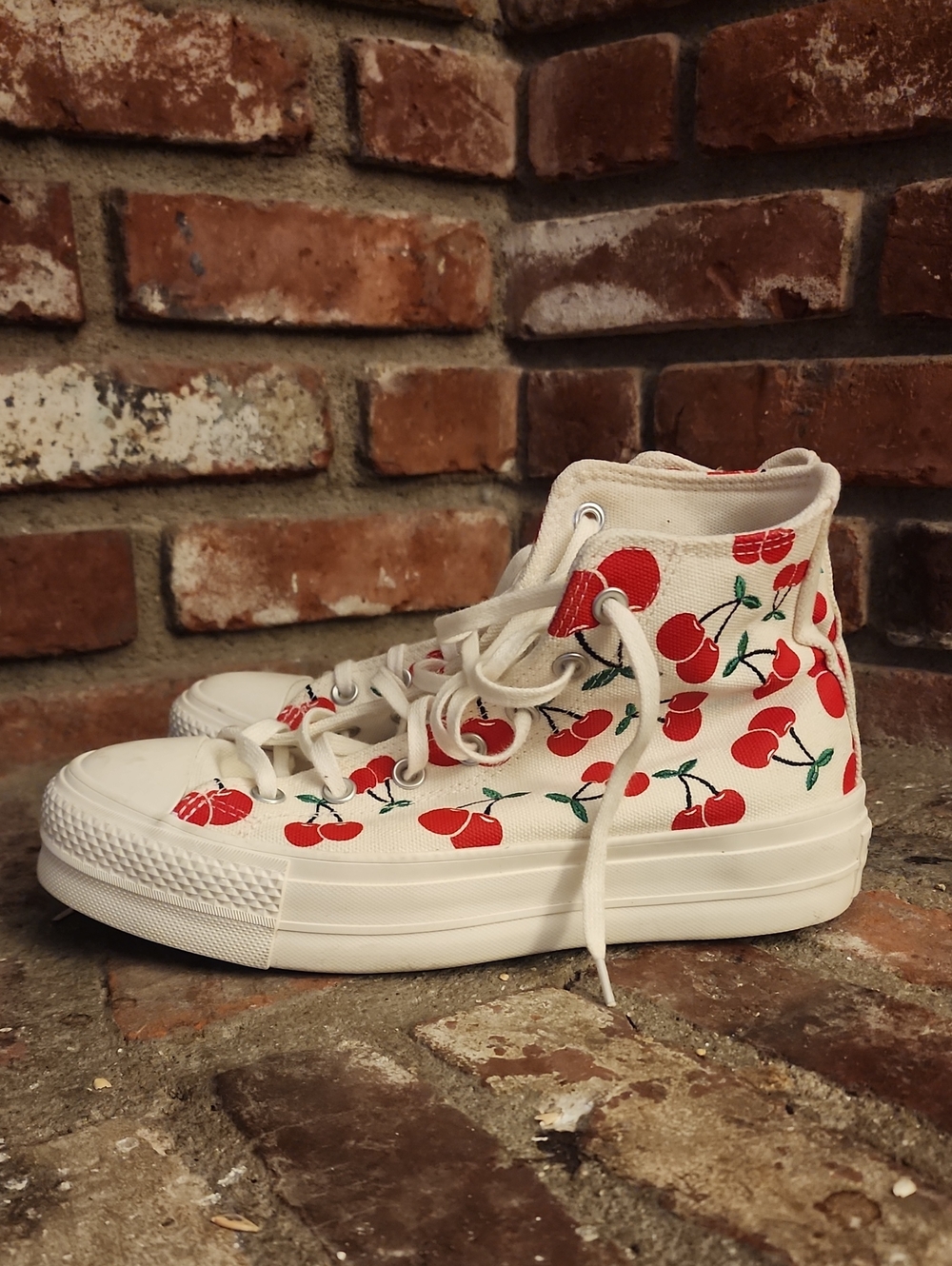 Converse Cream High-Top Sneakers with Red Cherry Print